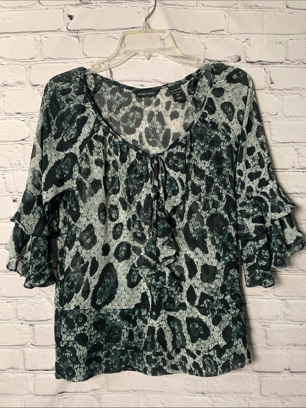 Ruffled Tie-Front Animal-Print Blouse in Black and Gray